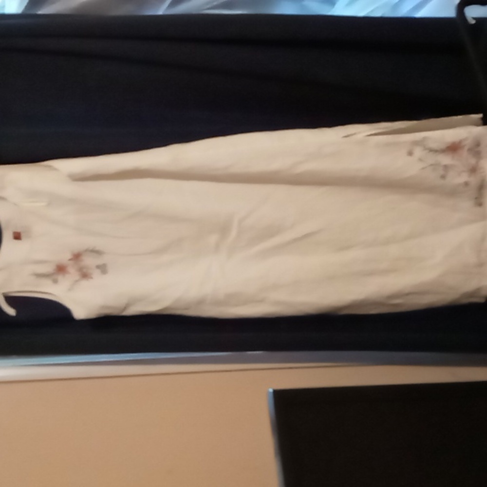 Women's 100% Linen short sleeved white dress with pink and green floral design